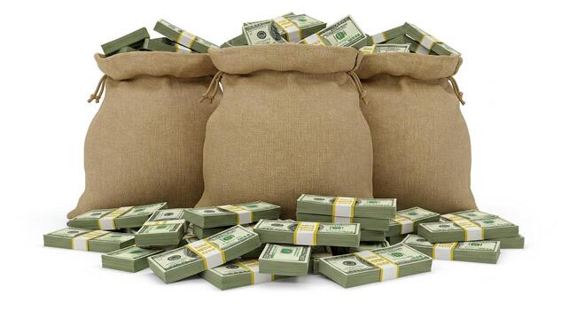 Stacks of cash and burlap money bags representing your first $1,000 from an AI business